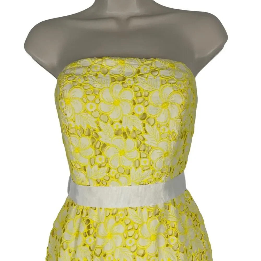 Lilly Pulitzer Vintage 90's Strapless Sienna Yellow Floral Eyelet Dress Size 2 - Picture 4 of 8